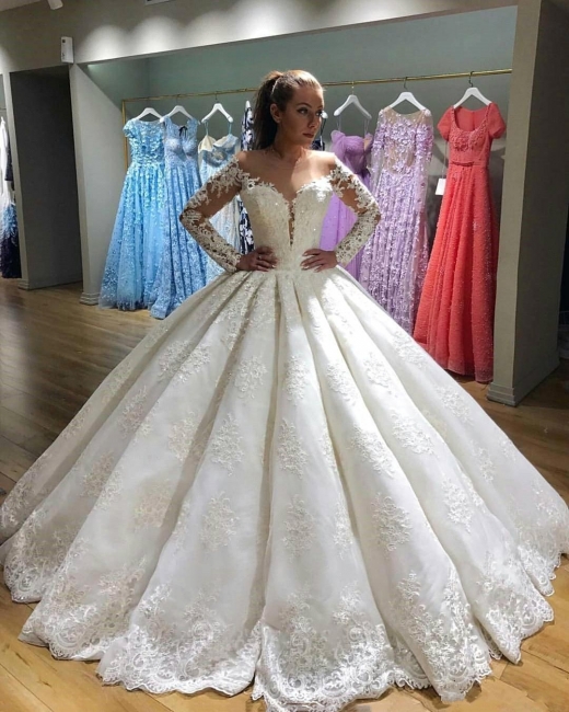 Three Quarter Sleeve Shiny Pearls Crystal Appliques Lace Gorgeous Ball Gown  Wedding Dresses Vestido De Noiva