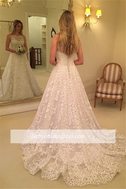 Sweep-Train Lace Buttons Spaghetti-Straps Sleeveless Wedding Dress