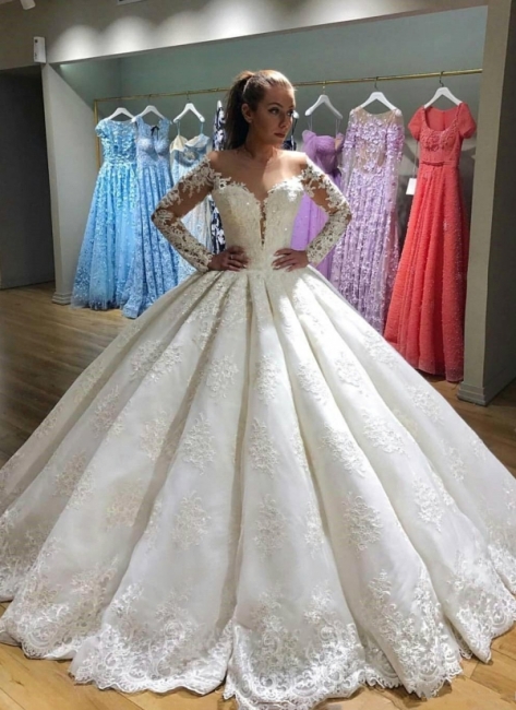 Gorgeous Ball Gown Wedding Dresses | Long Sleeves Lace Appliques Bridal Gowns