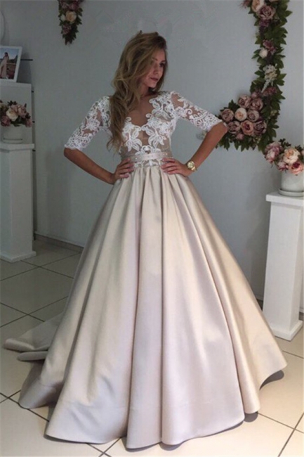 Half-Sleeves A-Line Gorgeous Puff Illusion Appliques Lace Wedding Dresses