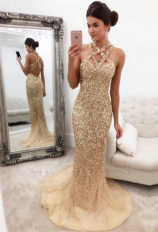 Mermaid Zipper-Back Crystals Gorgeous Halter Sleeveless Prom Dress