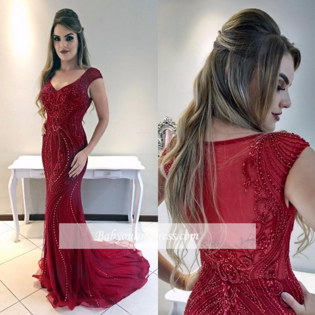 Cap-Sleeves Red Mermaid Gorgeous Prom Dress | Sexy Evening Dresses