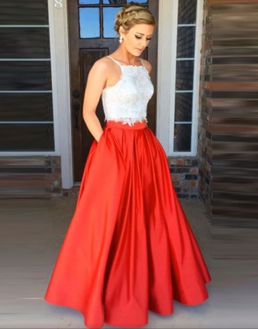 Elegant 2018 Lace A-Line Sleeveless Floor-Length Two-Pieces Prom Dress
