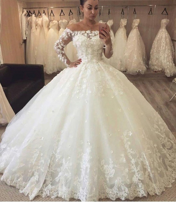 Chic Flowers Ball Gown Wedding Dresses | Off-the-Shoulder Bridal Gowns ...