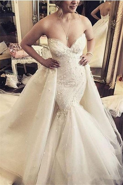 Sleeveless Open Back Strapless Mermaid Wedding Dresses with Detachable Train