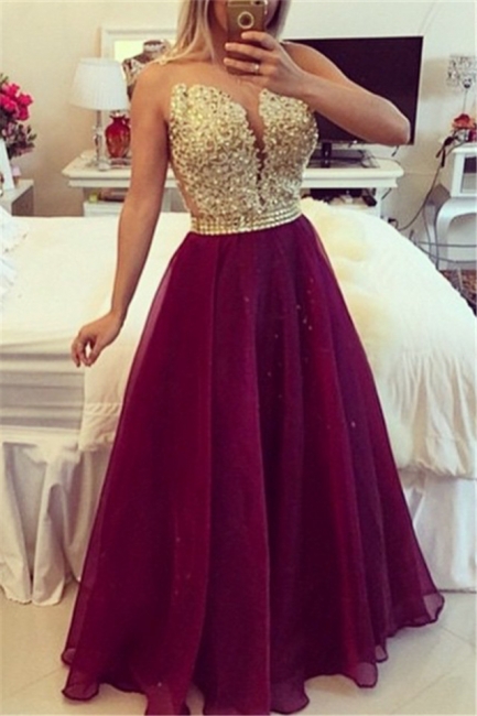 Gold Lace Applique Burgundy Prom Dresses Sheer Tulle Floor Length Graduation Dress