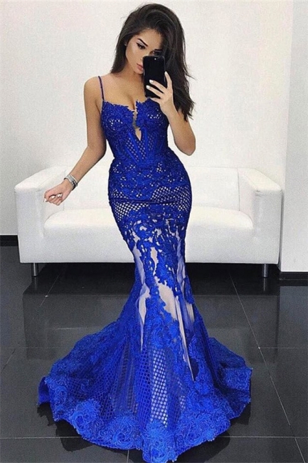 Spaghetti V-neck Floor-length Lace Appliques Mermaid Prom Dresses