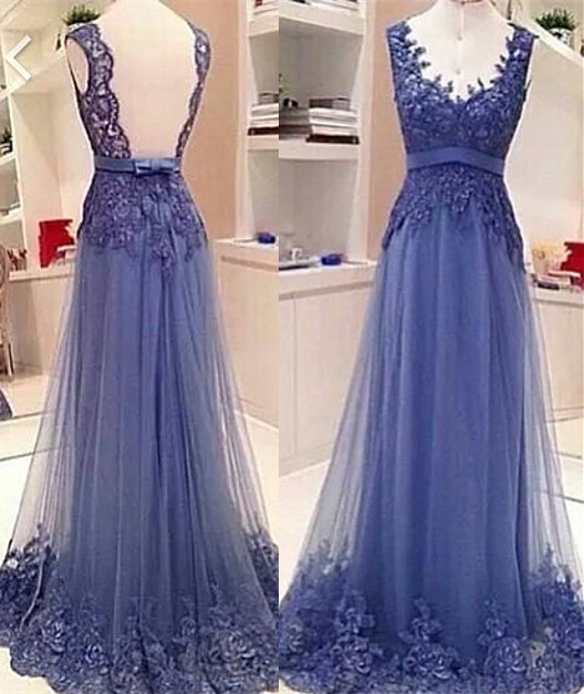 Lace Applique Backless Prom Dresses A-line V neck Sash Bow Formal Evening Gowns