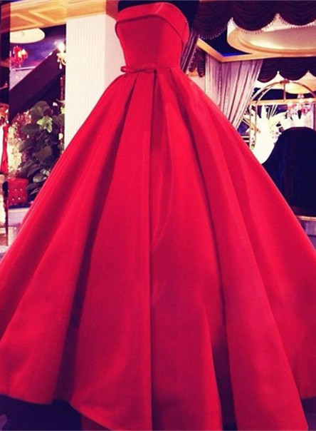 Red Ball Gown Prom Dresses Strapless with Bowknot Red Wedding Dresses