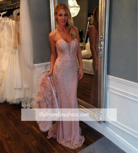 2018 Luxury Sheath Sweetheart Pink Prom Dress Sweep-Train Crystal Evening Gowns