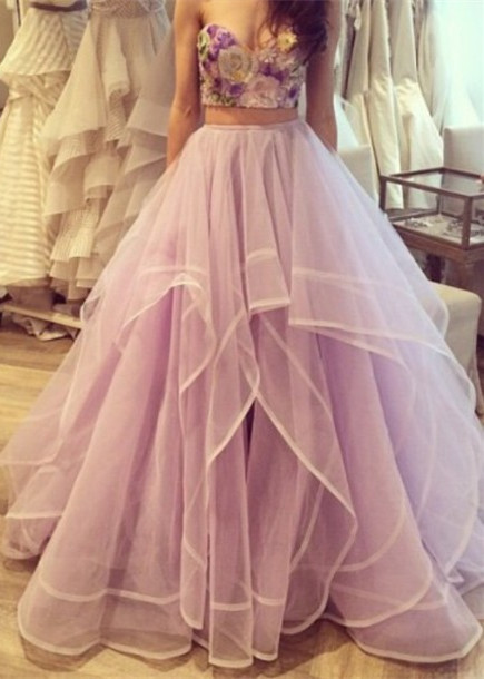 Two-Piece Prom Dresses 3D-Floral Appliques Top Layers Tulle Long Junior Evening Gowns