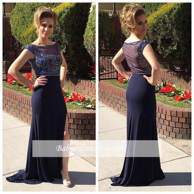 New Arrival A-line Cap-Sleeve Evening Gowns Crystals Front Split Illusion Prom Dress