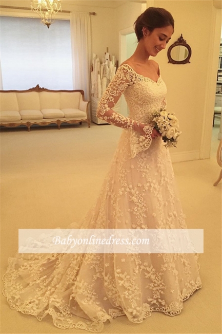 Off-the-Shoulder Buttons Appliques Long-Sleeves A-Line Lace Wedding Dresses