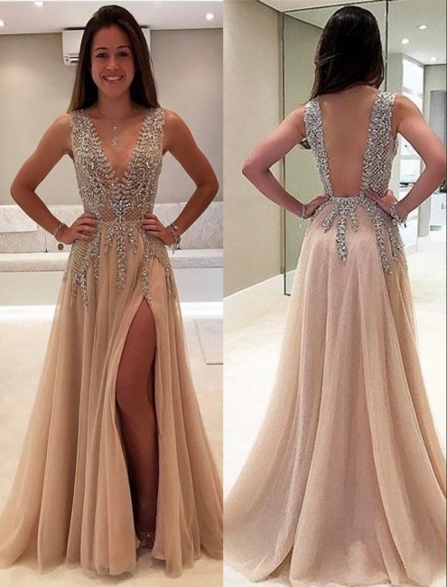 Luxury Beading Champagne Prom Dresses | V-Neck Long A-line Evening Gowns