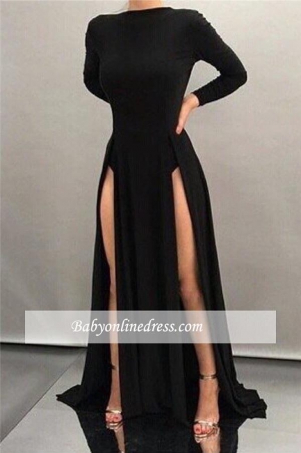 Sexy Front-splits High-neck Black Sleeves Sheath Long Evening Dresses BA4519