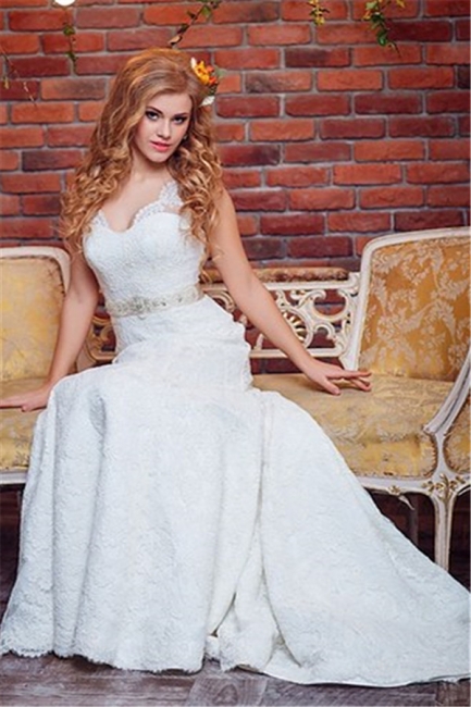White A-Line Lace V-Neck Wedding Dresses Court Train Bridal Gowns with Beadings
