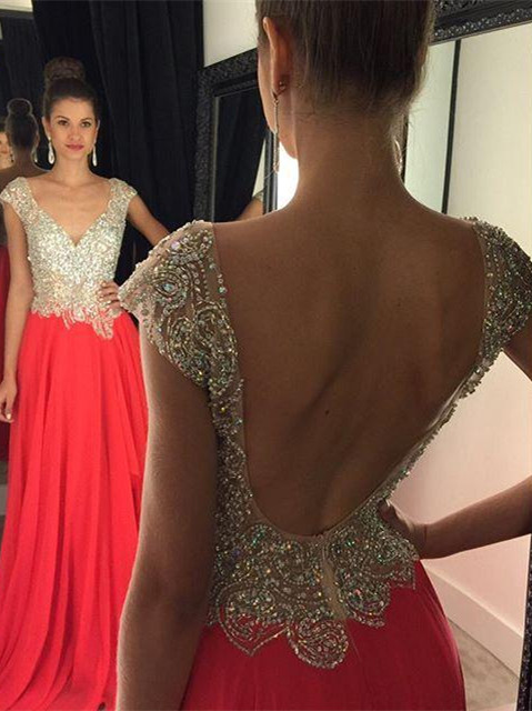 Red Chiffon Prom Dresses Crystals Beaded Capped Sleeves Open Back Long Evening Gowns