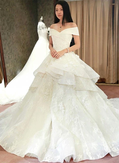 Glamorous Off-the-Shoulder Floor Length Ruffles Princess Lace Wedding Dresses