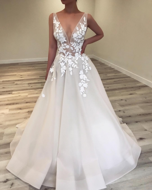 Sexy Sheer A-Line Wedding Dresses | V-Neck Sleeveless Lace Applique Long Bridal Gowns