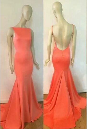 High Neck Mermaid Prom Dresses Tangerine Backless Court Train Evening Gowns