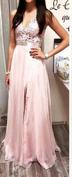 Pink Chiffon Prom Dresses Lace Top V Neck Open Back Side Split Long Evening Gowns
