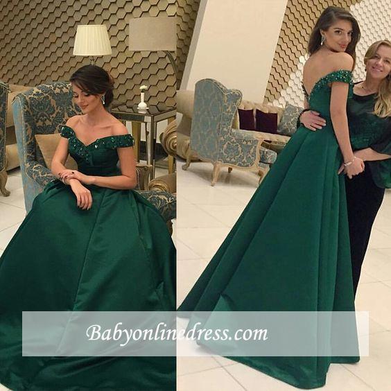 Formal Dark Green A-line Prom Dress Beaded Off-the-Shoulder Evening Gown