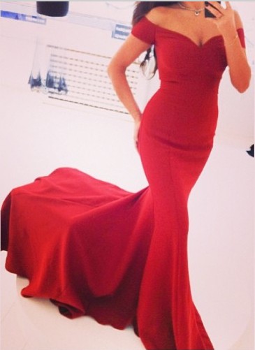 Short Sleeves Sheath Simple Prom Dresses Off the Shoulder Red V-neck Evening Gowns