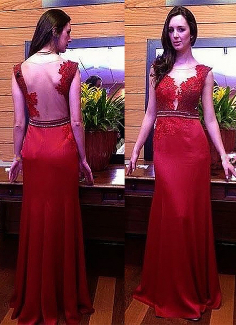 Glamorous Red Lace Long Prom Dresses Sleeveless Crystal Evening Dress
