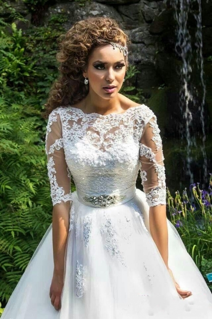 Lace A-line Wedding Dresses Half Long Sleeves Appliques Lace-Up Back Elegant Bridal Gowns