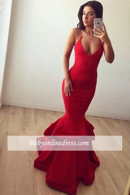 Spaghettis Straps Mermaid Prom Dresses Red Ruffles Sleeveless Long Sexy Sheath Evening Gowns