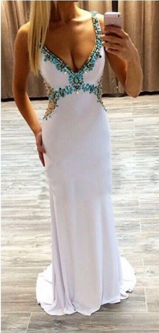 White Long Prom Dresses with Turquoise Blue Crystals Straps Formal Evening Gowns