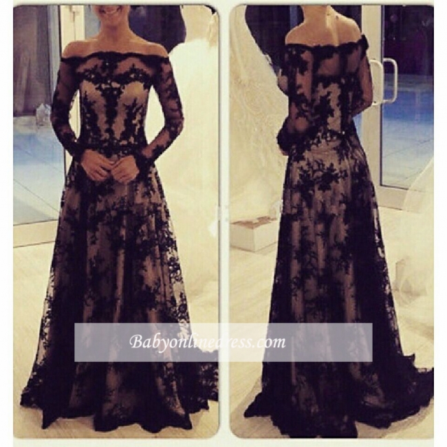 Off-Shoulder Long Sleeves Prom Dresses Sheer Black Lace Sweep Train Evening Gowns