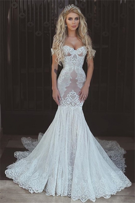 Alluring Mermaid Lace Wedding Dresses Cap Sleeves Appliques Bridal Gowns