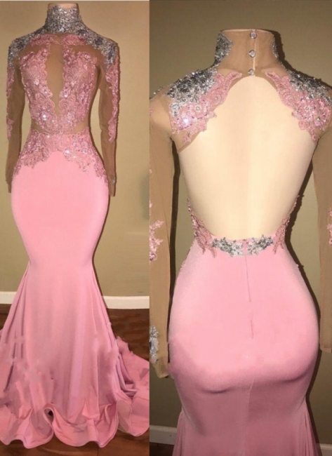 Elegant Pink Mermaid Prom Dresses | High Neck Lace Appliques Beaded Evening Gowns