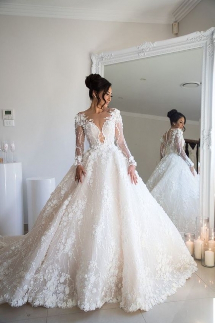 Gorgeous Jewel Long Sleeve Crystal Wedding Dresses | A Line Bridal Gown With 3D Flowers