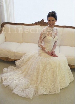 High Collar Satin Lace Sweetheart A-line Appliques Court Train Long Sleeves Wedding Dresses