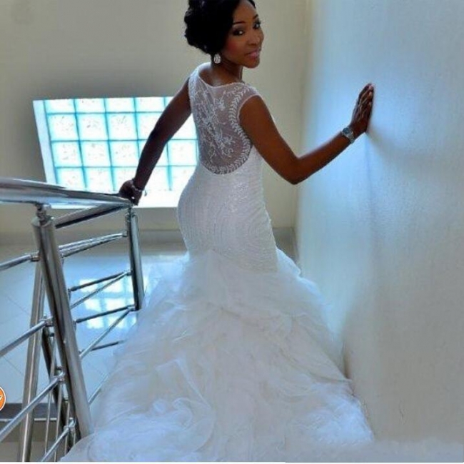 White Mermaid Wedding Dresses | Luxury Beaded Sheer Back Ruffles Bridal Gowns