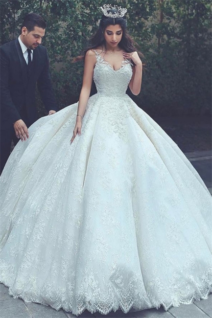 Gorgeous Straps V Neck Lace Ball Gown Wedding Dresses | Princess Puffy Bridal Gown