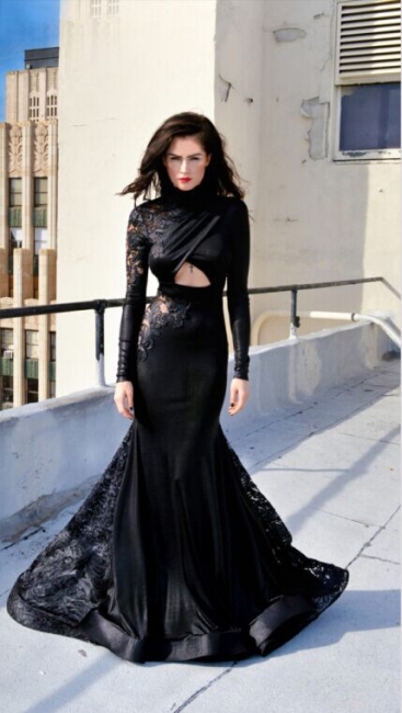 High Neck Long Sleeves Black Lace Prom Dresses Shiny Backless Sexy Mermaid Evening Gowns