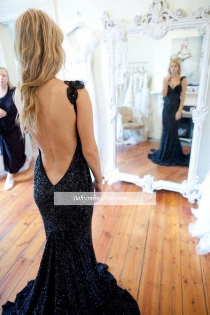 Modern Sequined Mermaid Prom Dress Sleeveless Straps Black Sweep-Train Evening Gowns