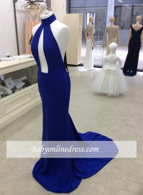 High Neck Backless Prom Dresses Deep Neck Sexy Royal Blue Court Train Evening Gowns