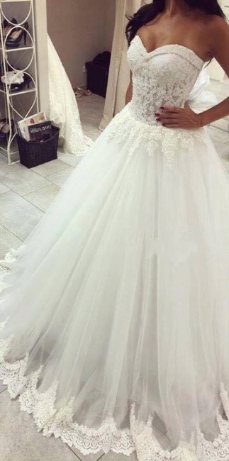 Lace Beaded A-line Wedding Dresses Sweetheart Lace Trim Sheer Elegant Bridal Gowns