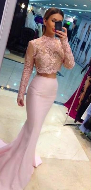 Two-Piece Mermaid Prom Dresses High Neck Long Sleeves Lace Pink Evening Gowns