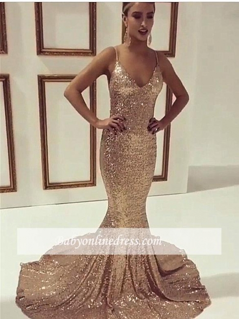 Simple Mermaid Sequined Prom Dress 2018 Spaghetti-Straps Sleeveless Evening Gowns