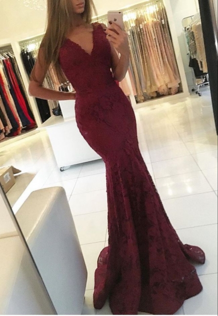V-neck Sweep-Train Lace Mermaid Sleeveless Newest Prom Dress