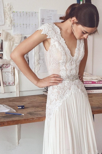 Straps Lace V Neck Sheath wedding dress | Backless Floor Length Wedding Gown