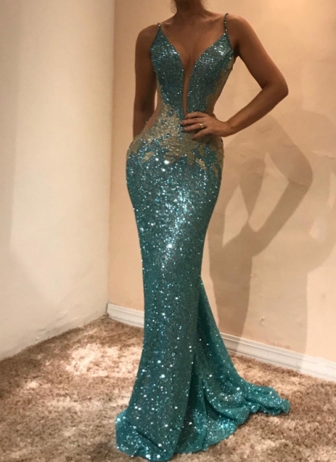 Shiny Sequins Mermaid Evening Dresses | Sexy See-Through Open-Back Long Prom Dresses