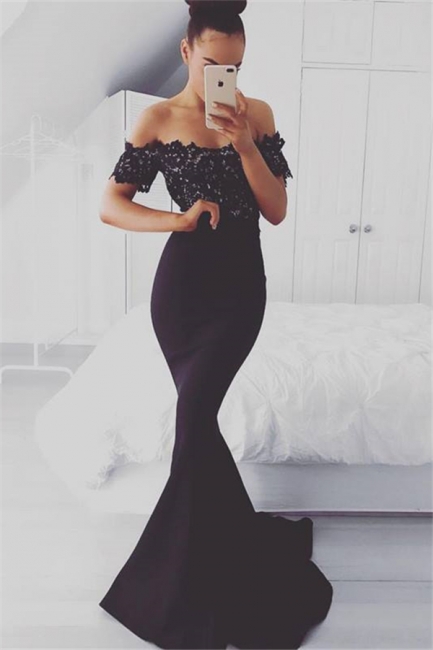 Glamorous Off-shoulder Sweep-train Lace Top Mermaid Prom Dresses