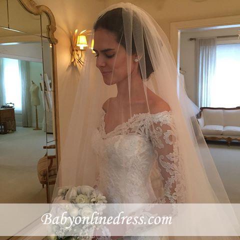Off-the-shoulder Wedding Dresses | V-neck Long Sleeves Lace Bridal Gowns