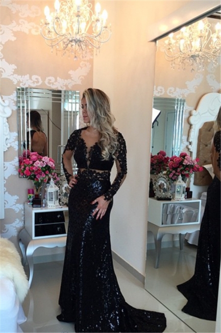 Black Long Sleeves Sequined Prom Dresses Lace Appliques Evening Gowns